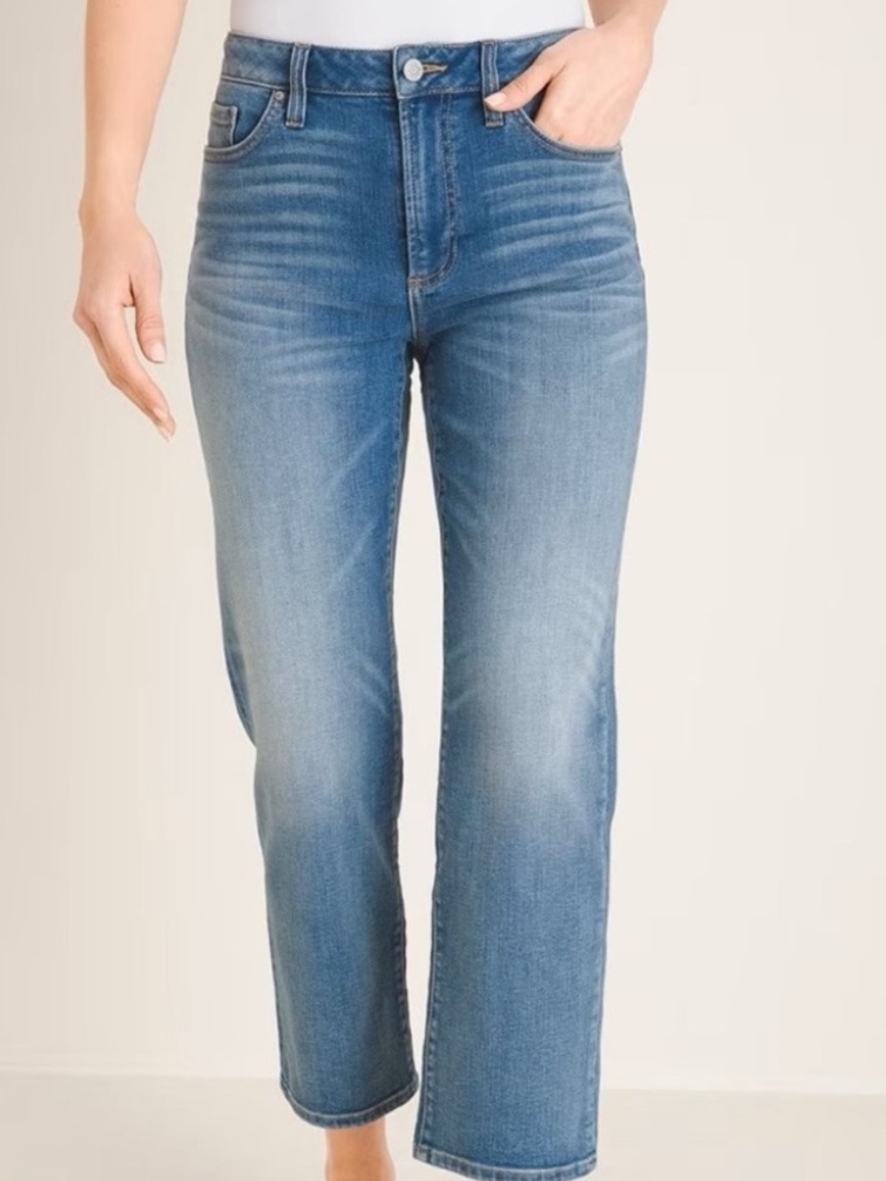 Chico’s High Rise Straight Leg Jeans Sz 10 Regular Blue Stretch Denim Crop Ankle